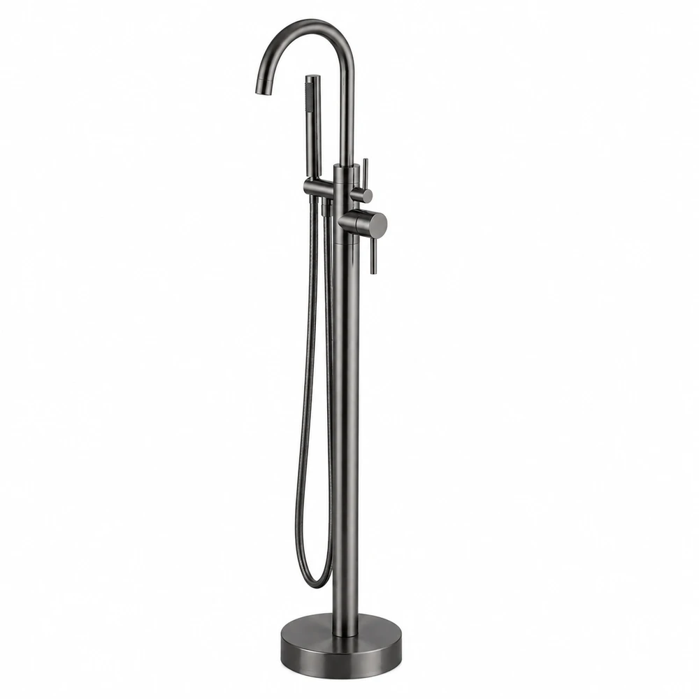 ברז גבוה מעוגל למילוי אמבטיה מונחת Freestanding כולל מזלף צבע PVD אפור גרפיט דגם 43033-GM