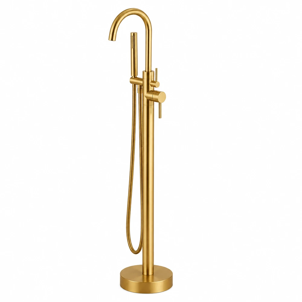 ברז גבוה מעוגל למילוי אמבטיה מונחת Freestanding כולל מזלף צבע PVD זהב מט דגם s123-BG
