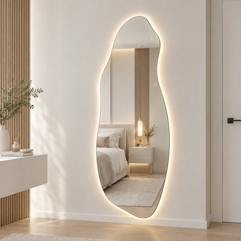 מראת גוף מרחפת אמורפית עם תאורה LED אחורית לתליה ללא מסגרת 70/180 ס"מ זכוכית אולטרה-לבנה דגם LM-57LD