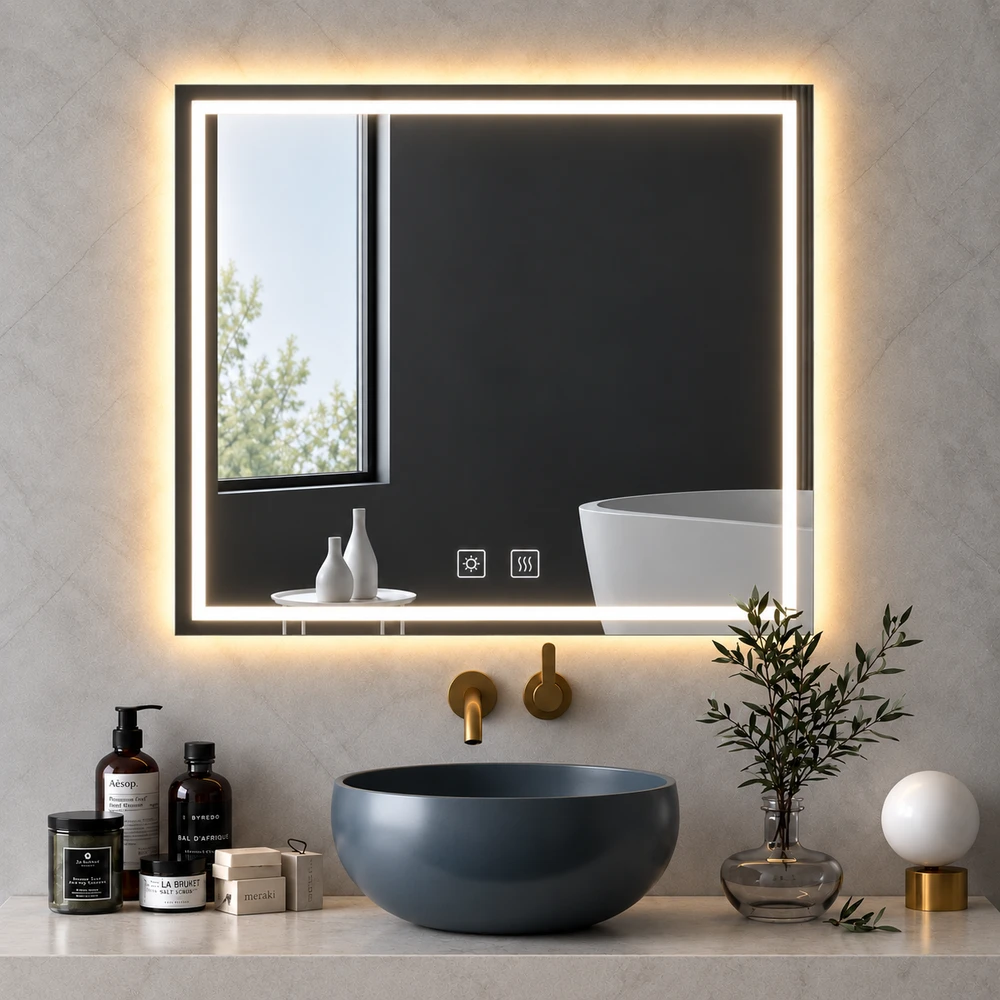 מראת מרובעת מרחפת עם תאורה LED אחורית, קדמית ומפשיר אדים לתליה ללא מסגרת 80/80 ס"מ זכוכית אולטרה-לבנה דגם 5652FLD