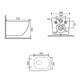 אסלה תלויה מלבנית אורך 51 ס"מ צבע לבן מבריק עם שטיפת טורנדו ומושב קשיח טריקה שקטה ונשלף דגם בלנסיס