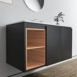 ארון אמבטיה תלוי רוחב 100 ס"מ בעומק 46 ס"מ צבע שחור מט עם כיור משטח חרס שקוע דגם רותין 100