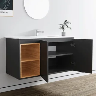 ארון אמבטיה תלוי רוחב 100 ס"מ בעומק 46 ס"מ צבע שחור מט עם כיור משטח חרס שקוע דגם רותין 100