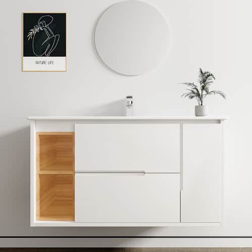 ארון אמבטיה תלוי רוחב 100 ס"מ בעומק 46 ס"מ צבע לבן מבריק עם כיור משטח חרס שקוע דגם 52636