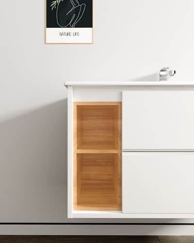 ארון אמבטיה תלוי רוחב 100 ס"מ בעומק 46 ס"מ צבע לבן מבריק עם כיור משטח חרס שקוע דגם 52636