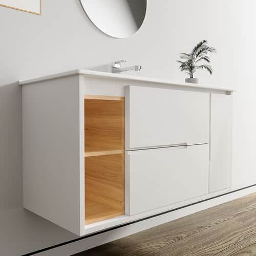 ארון אמבטיה תלוי רוחב 100 ס"מ בעומק 46 ס"מ צבע לבן מבריק עם כיור משטח חרס שקוע דגם 52636