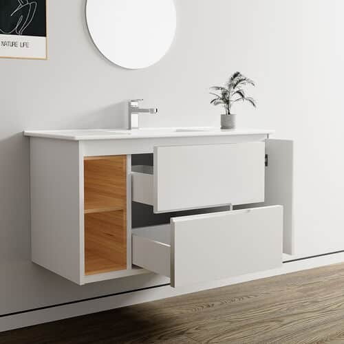 ארון אמבטיה תלוי רוחב 100 ס"מ בעומק 46 ס"מ צבע לבן מבריק עם כיור משטח חרס שקוע דגם 52636