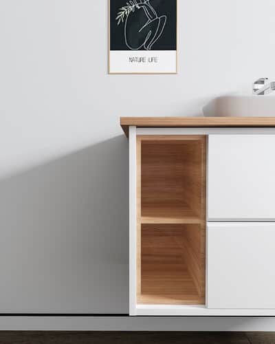 ארון אמבטיה תלוי רוחב 100 ס"מ בעומק 46 ס"מ צבע לבן מבריק עם משטח עץ מלא להנחת כיור מונח דגם 52635