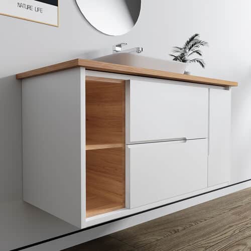 ארון אמבטיה תלוי רוחב 100 ס"מ בעומק 46 ס"מ צבע לבן מבריק עם משטח עץ מלא להנחת כיור מונח דגם 52635