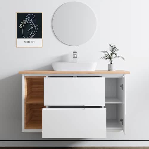 ארון אמבטיה תלוי רוחב 100 ס"מ בעומק 46 ס"מ צבע לבן מבריק עם משטח עץ מלא להנחת כיור מונח דגם 52635