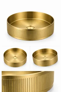 כיור רחצה מונח מעוגל בעיצוב פסים עשוי מנירוסטה קוטר 36 ס"מ צבע זהב מט PVD דגם GS-5543