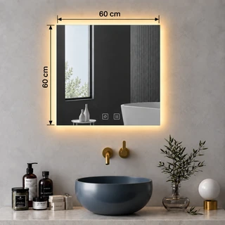 מראת מרובעת מרחפת עם תאורה LED אחורית ומפשיר אדים לתליה ללא מסגרת 60/60 ס"מ זכוכית אולטרה-לבנה דגם 5651BLD