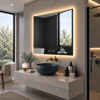 מראת מרובעת מרחפת עם תאורה LED אחורית ומפשיר אדים לתליה ללא מסגרת 80/80 ס"מ זכוכית אולטרה-לבנה דגם 5652BLD