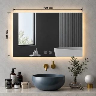 מראת מלבנית מרחפת עם תאורה LED אחורית ומפשיר אדים לתליה ללא מסגרת 100/80 ס"מ זכוכית אולטרה-לבנה דגם 5653BLD