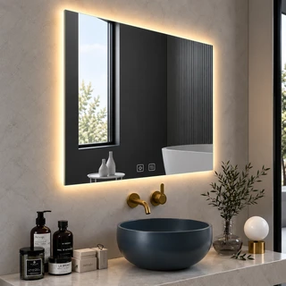 מראת מלבנית מרחפת עם תאורה LED אחורית ומפשיר אדים לתליה ללא מסגרת 120/80 ס"מ זכוכית אולטרה-לבנה דגם 5655BLD