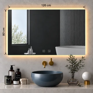 מראת מלבנית מרחפת עם תאורה LED אחורית ומפשיר אדים לתליה ללא מסגרת 120/80 ס"מ זכוכית אולטרה-לבנה דגם 5655BLD
