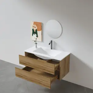 ארון אמבטיה תלוי רוחב 60, 80, 100 ס"מ לבחירתך בעומק 46 ס"מ עשוי מעץ מלא אלון מבוקע עם כיור משטח חרס שקוע דגם סלוניקי