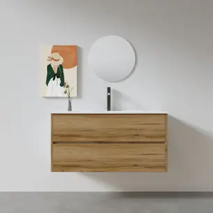 ארון אמבטיה תלוי לפי מידה רוחב ועומק לפי בחירתך עשוי מעץ מלא אלון מבוקע עם כיור משטח חרס שקוע דגם סלוניקי W