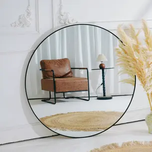 מראת גוף מרחפת עגולה לתליה עם מסגרת אל חלד צבע שחור מט מגיעה בקוטר 150 ס"מ מק"ט 5056B