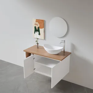 ארון אמבטיה תלוי רוחב 60 ס"מ בעומק 46 ס"מ צבע לבן מט עם משטח עץ מלא להנחת כיור מונח דגם B10025-60