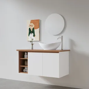 ארון אמבטיה תלוי לפי מידה רוחב עומק וצבע לפי בחירתך עם משטח עץ מלא להנחת כיור מונח דגם רימו