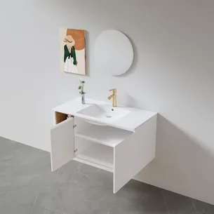 ארון אמבטיה תלוי רוחב 60 ס"מ בעומק 46 ס"מ צבע לבן מט עם כיור משטח חרס שקוע דגם B10025-60A