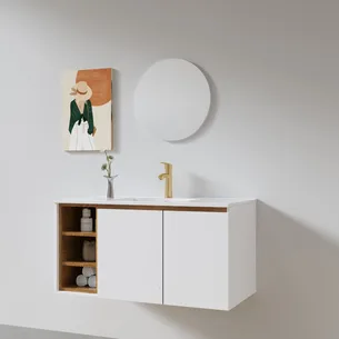 ארון אמבטיה תלוי רוחב 60 ס"מ בעומק 46 ס"מ צבע לבן מט עם כיור משטח חרס שקוע דגם B10025-60A