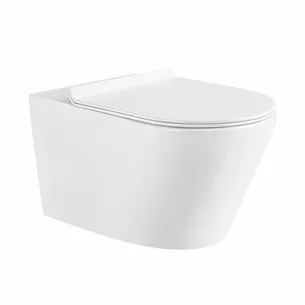 אסלה תלויה מעוגלת אורך 48 ס"מ לבן מבריק שטיפת רימליס כוללת מושב קשיח טריקה שקטה נשלף דגם רומא