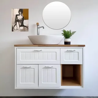 ארון אמבטיה תלוי רוחב 100 ס"מ בעומק 46 ס"מ צבע לבן מבריק עם משטח עץ מלא להנחת כיור מונח דגם בישו 100