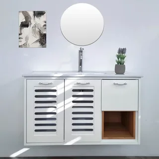 ארון אמבטיה תלוי רוחב 100 ס"מ בעומק 46 ס"מ צבע לבן מבריק עם כיור משטח חרס שקוע דגם פרח 100