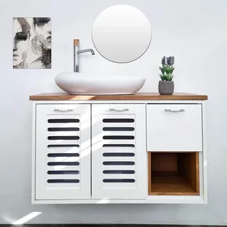 ארון אמבטיה תלוי רוחב 100 ס"מ בעומק 46 ס"מ צבע לבן מבריק עם משטח עץ מלא להנחת כיור מונח דגם לומבריה 100