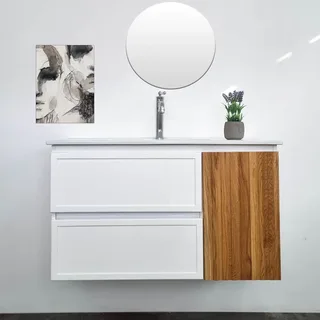 ארון אמבטיה תלוי רוחב 100 ס"מ בעומק 46 ס"מ צבע לבן מבריק עם כיור משטח חרס שקוע דגם קפלוניה 100