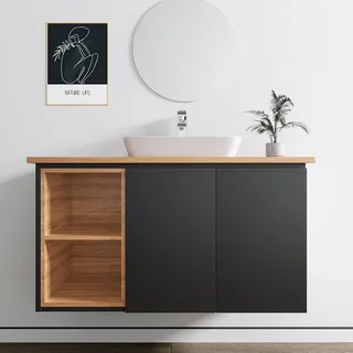 ארון אמבטיה תלוי רוחב 100 ס"מ בעומק 46 ס"מ צבע שחור מט עם משטח עץ מלא להנחת כיור מונח דגם הבאנא 100