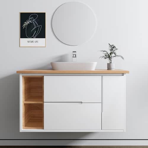 ארון אמבטיה תלוי רוחב 100 ס"מ בעומק 46 ס"מ צבע לבן מבריק עם משטח עץ מלא להנחת כיור מונח דגם 52635