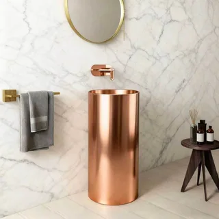 כיור רחצה עומד עשוי מנירוסטה מעוגל קוטר 38 ס"מ גובה 83 ס"מ צבע רוז גולד מט PVD בלי חור לברז דגם B-9892