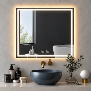 מראת מרובעת מרחפת עם תאורה LED אחורית, קדמית ומפשיר אדים לתליה ללא מסגרת 60/60 ס"מ זכוכית אולטרה-לבנה דגם 5651FLD