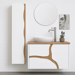 ארון אמבטיה תלוי רוחב 100 ס"מ בעומק 46 ס"מ צבע לבן מבריק עם משטח עץ מלא להנחת כיור מונח וכולל ארון שירות גובה 120 ס"מ דגם גאנא 100