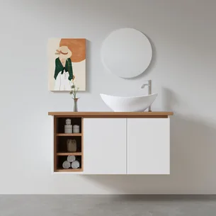 ארון אמבטיה תלוי לפי מידה רוחב עומק וצבע לפי בחירתך עם משטח עץ מלא להנחת כיור מונח דגם רימו