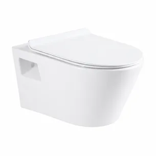 אסלה תלויה מעוגלת אורך 53 ס"מ לבן מבריק שטיפת רימליס כוללת מושב קשיח טריקה שקטה נשלף דגם פוג'ה